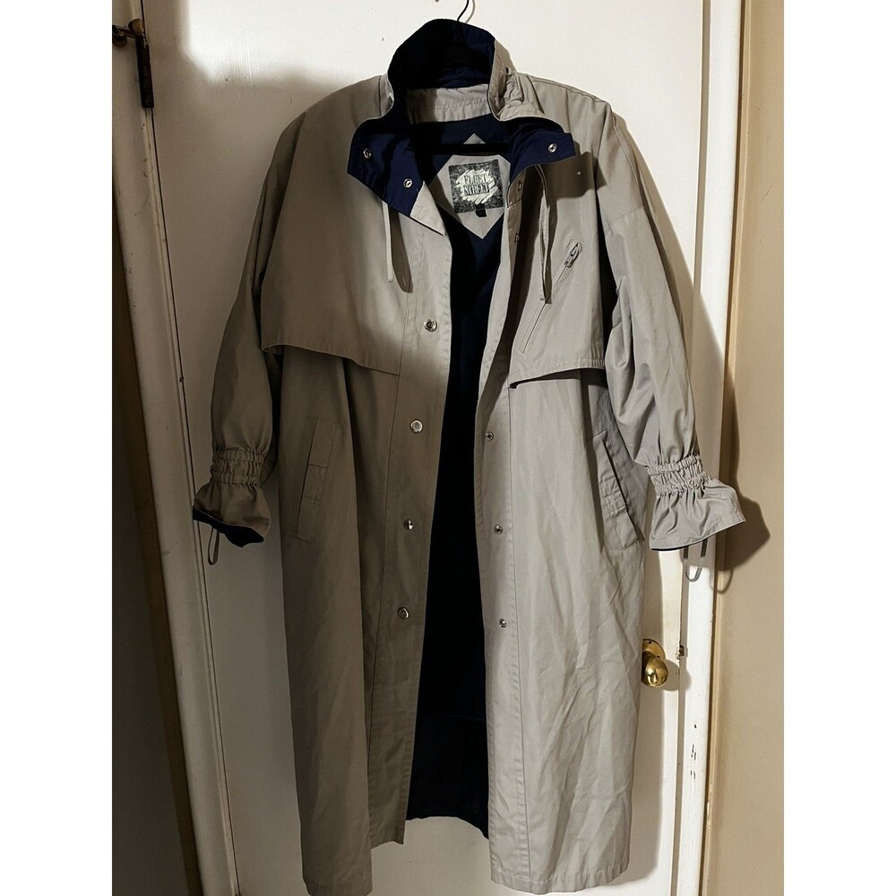 Vintage Fleet Street Taupe Long Trench Coat with Navy Accents